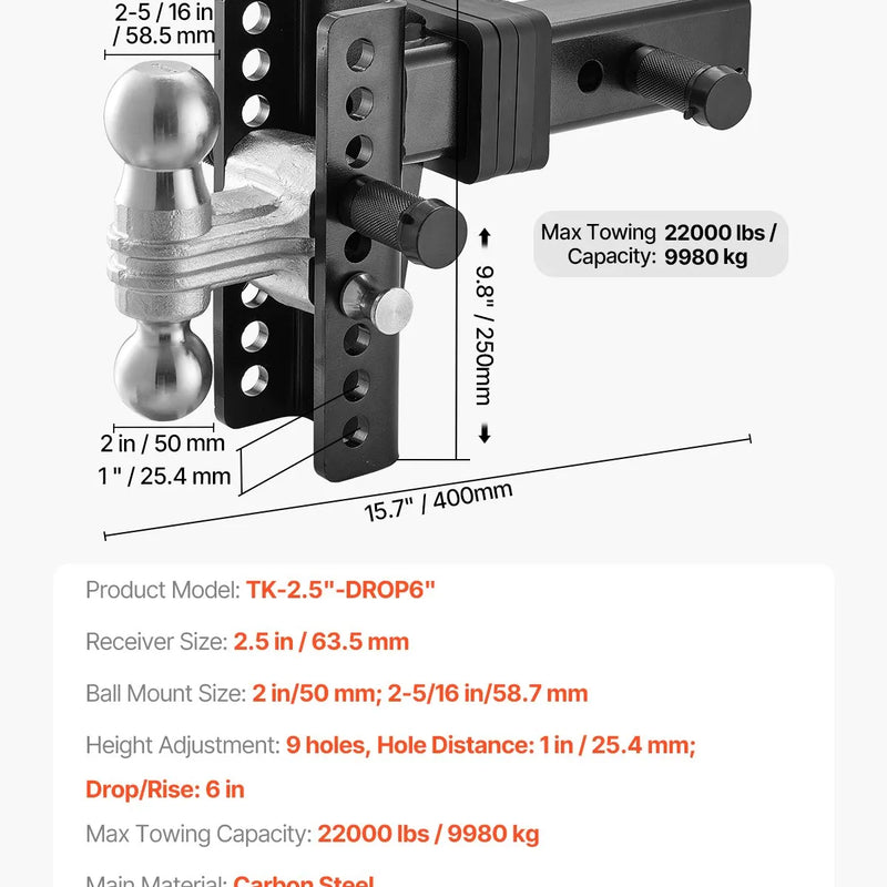 Regulējams piekabes āķis 63,5 mm uztvērējam, 152 mm nolaižamais trīskāršais lodveida āķis, vilkšanas jauda 9 979 kg.