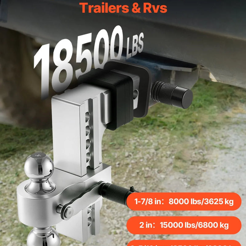 Regulējams piekabes āķis ar 63,5 mm sakabi, 203 mm nolaišanu, trīskāršo lodveida āķi, kravnesība 8 390 kg