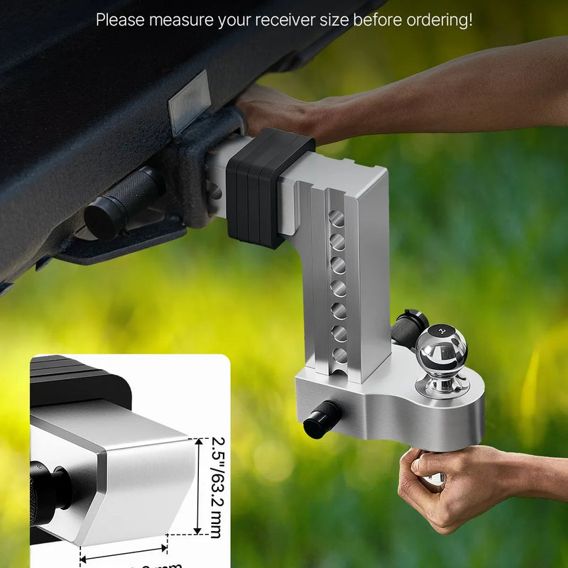 Regulējams piekabes āķis ar 63,5 mm sakabi, 203 mm nolaišanu, trīskāršo lodveida āķi, kravnesība 8 390 kg