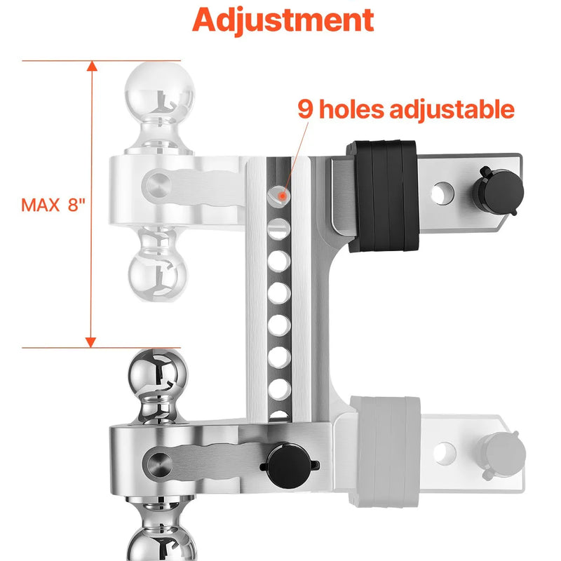 Regulējams piekabes āķis ar 63,5 mm sakabi, 203 mm nolaišanu, trīskāršo lodveida āķi, kravnesība 8 390 kg