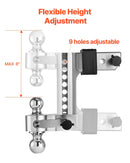 Regulējams piekabes āķis ar 63,5 mm sakabi, 203 mm nolaišanu, trīskāršo lodveida āķi, kravnesība 8 390 kg