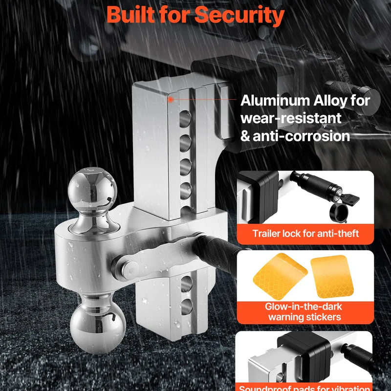 Regulējams piekabes āķis ar 63,5 mm sakabi, 203 mm nolaišanu, trīskāršo lodveida āķi, kravnesība 8 390 kg