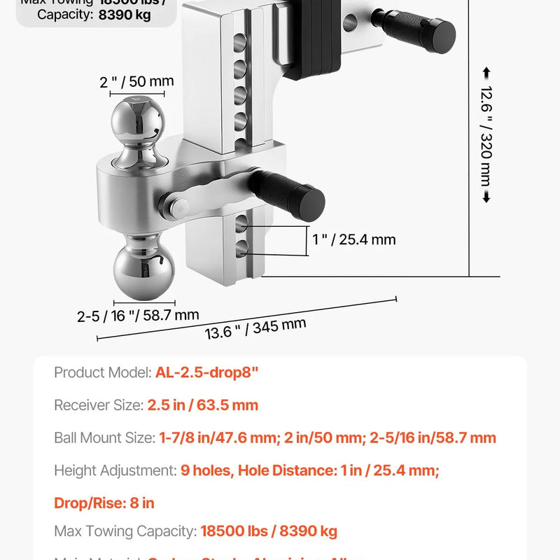 Regulējams piekabes āķis ar 63,5 mm sakabi, 203 mm nolaišanu, trīskāršo lodveida āķi, kravnesība 8 390 kg