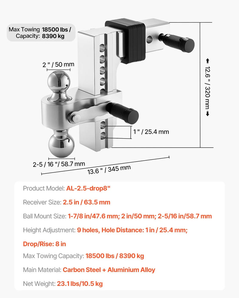 Regulējams piekabes āķis ar 63,5 mm sakabi, 203 mm nolaišanu, trīskāršo lodveida āķi, kravnesība 8 390 kg