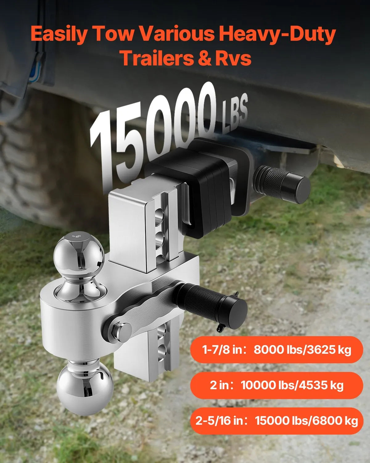 Regulējams piekabes āķis 50 mm uztvērējs, 152 mm nolaišana, trīslodveida āķis, 6800 kg