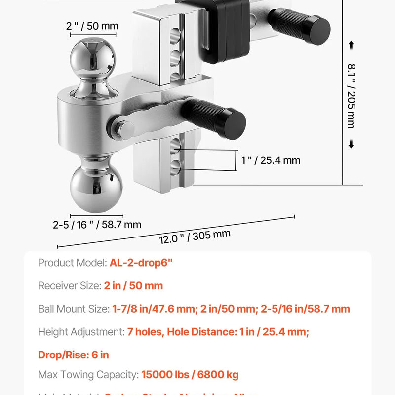 Regulējams piekabes āķis 50 mm uztvērējs, 152 mm nolaišana, trīslodveida āķis, 6800 kg