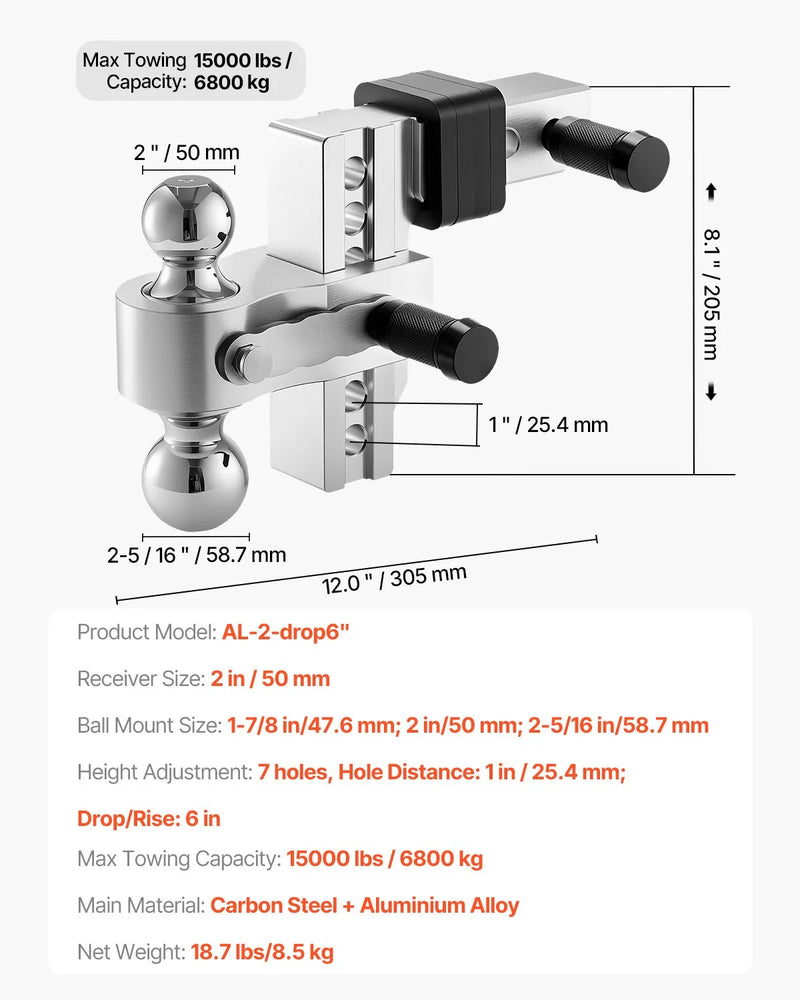 Regulējams piekabes āķis 50 mm uztvērējs, 152 mm nolaišana, trīslodveida āķis, 6800 kg