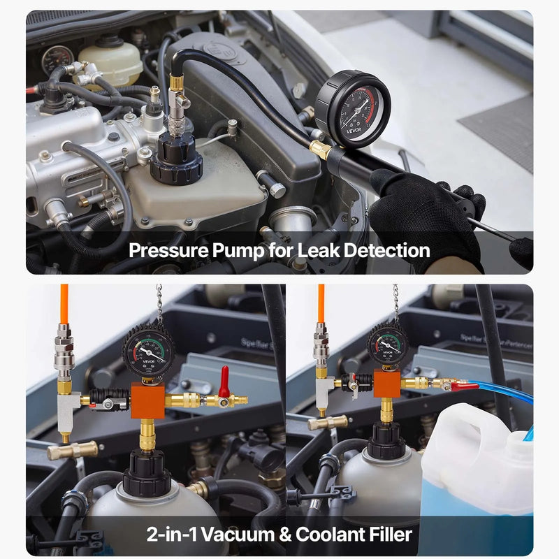 VEVOR dzesēšanas sistēmas spiediena testa komplekts, 28 daļas, radiatora vakuuma uzpildes komplekts ar 4 adapteriem, universāla saderība, ar spiediena sūkni un alumīnija sakausējuma uzpildes ierīci