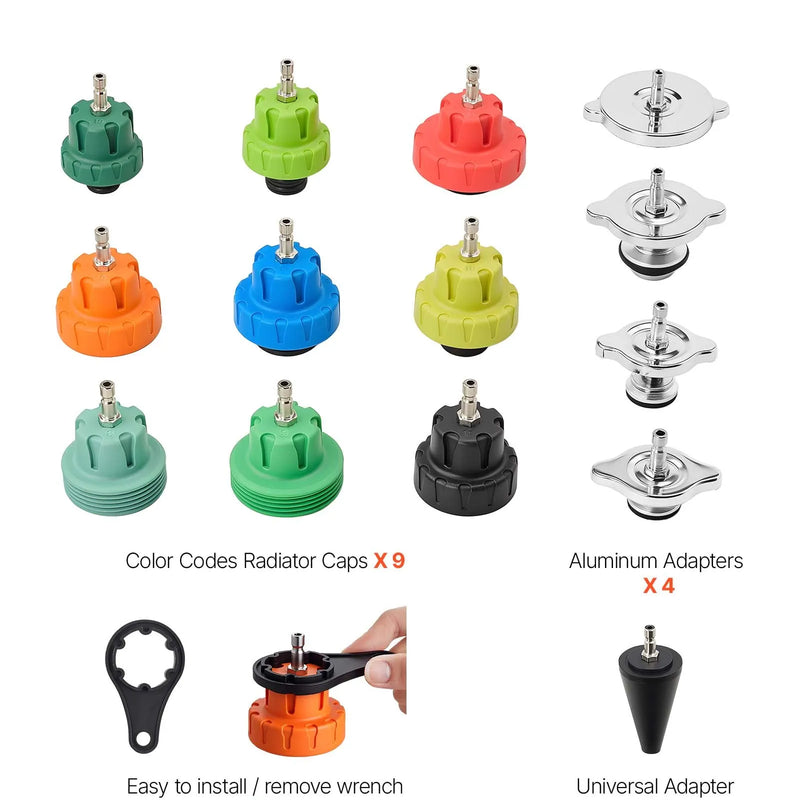 VEVOR dzesēšanas sistēmas spiediena testa komplekts, 28 daļas, radiatora vakuuma uzpildes komplekts ar 4 adapteriem, universāla saderība, ar spiediena sūkni un alumīnija sakausējuma uzpildes ierīci