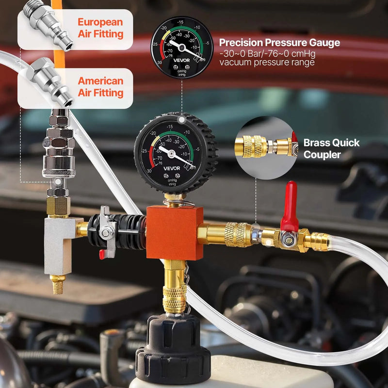 VEVOR dzesēšanas sistēmas spiediena testa komplekts, 28 daļas, radiatora vakuuma uzpildes komplekts ar 4 adapteriem, universāla saderība, ar spiediena sūkni un alumīnija sakausējuma uzpildes ierīci