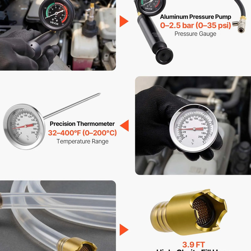 VEVOR dzesēšanas sistēmas spiediena testa komplekts, 28 daļas, radiatora vakuuma uzpildes komplekts ar 4 adapteriem, universāla saderība, ar spiediena sūkni un alumīnija sakausējuma uzpildes ierīci