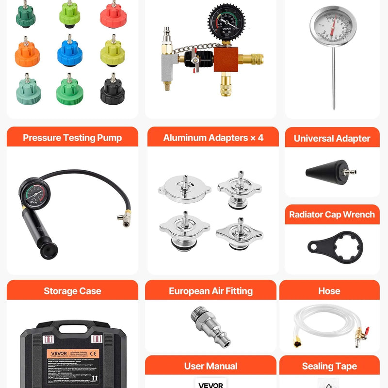 VEVOR dzesēšanas sistēmas spiediena testa komplekts, 28 daļas, radiatora vakuuma uzpildes komplekts ar 4 adapteriem, universāla saderība, ar spiediena sūkni un alumīnija sakausējuma uzpildes ierīci