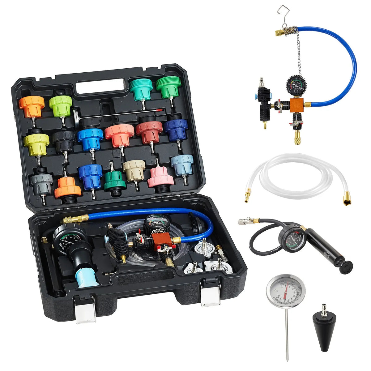 VEVOR Cooling System Pressure Tester Kit, 47 Pieces, Radiator Vacuum Fill Kit with 3 Metal Adapters, Universal Compatibility, Automotive Cooling System Pressure Tester with Pump and Aluminium-Plastic Filler