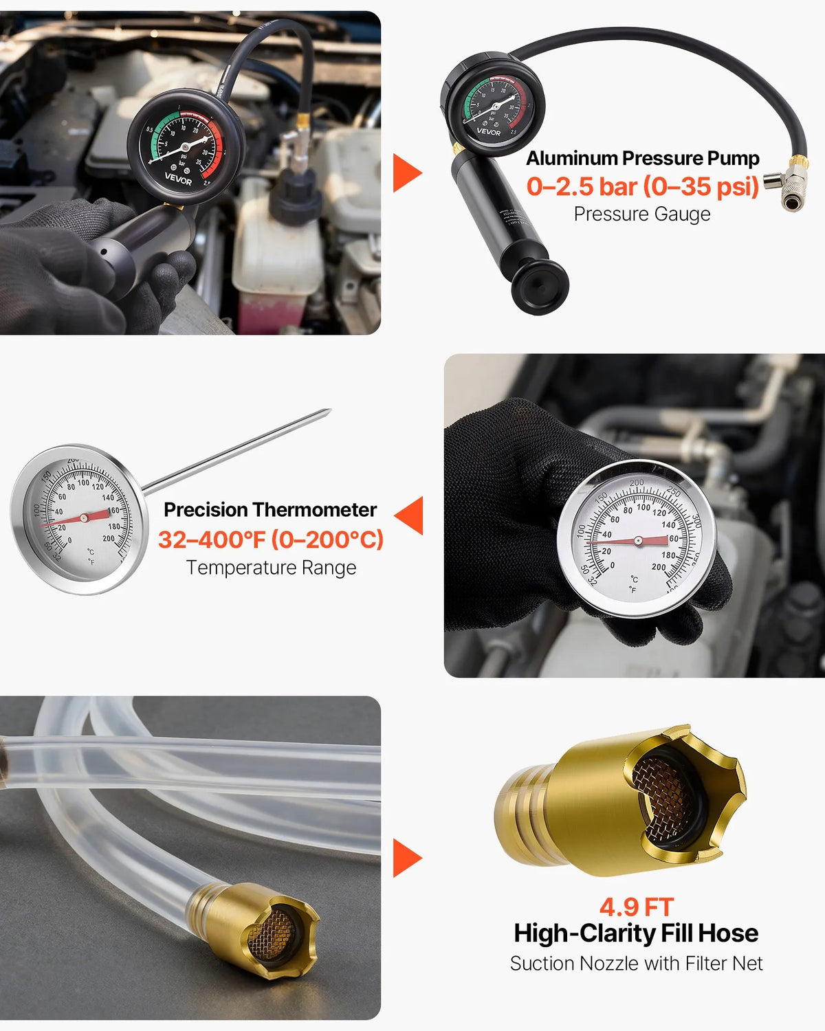 VEVOR Cooling System Pressure Tester Kit, 47 Pieces, Radiator Vacuum Fill Kit with 3 Metal Adapters, Universal Compatibility, Automotive Cooling System Pressure Tester with Pump and Aluminium-Plastic Filler