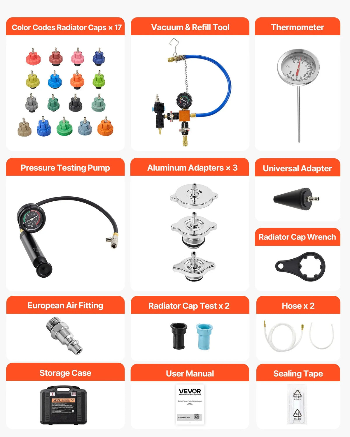 VEVOR Cooling System Pressure Tester Kit, 47 Pieces, Radiator Vacuum Fill Kit with 3 Metal Adapters, Universal Compatibility, Automotive Cooling System Pressure Tester with Pump and Aluminium-Plastic Filler
