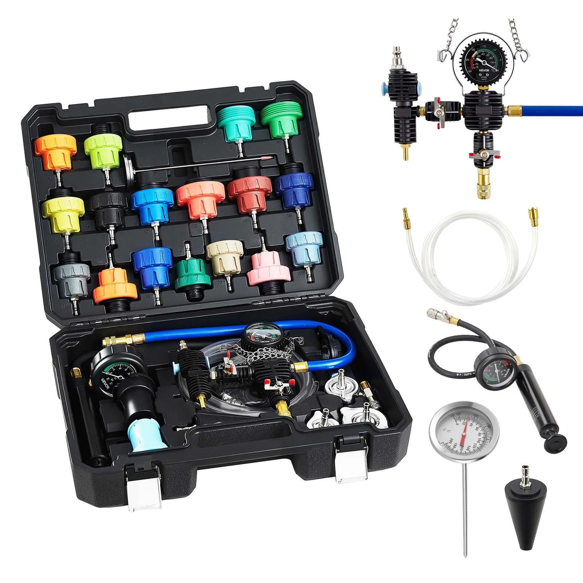 VEVOR Coolant Pressure Tester Kit, 47-Piece Radiator Vacuum Fill System with 3 Metal Adapters, Universal Automotive Cooling System Diagnostic Tool with Pressure Pump and Plastic Fill Tank
