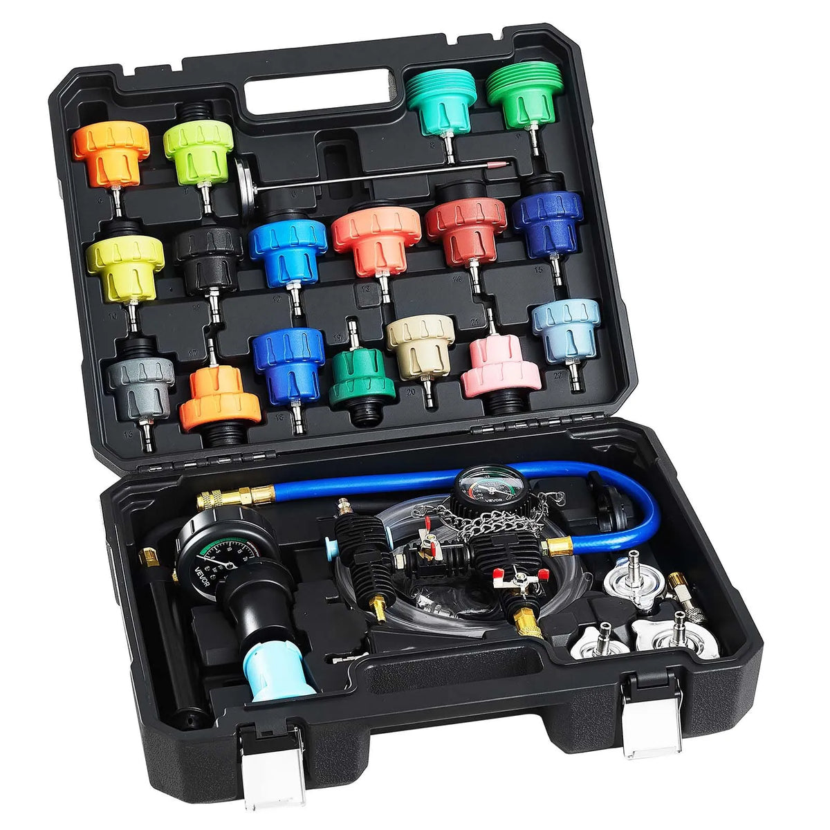 VEVOR Coolant Pressure Tester Kit, 47-Piece Radiator Vacuum Fill System with 3 Metal Adapters, Universal Automotive Cooling System Diagnostic Tool with Pressure Pump and Plastic Fill Tank
