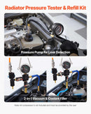 VEVOR dzesēšanas šķidruma spiediena testera komplekts, 47 daļu radiatora vakuuma uzpildes sistēma ar 3 metāla adapteriem, universāls automobiļu dzesēšanas sistēmu diagnostikas instruments ar spiediena sūkni un plastmasas uzpildes tvertni