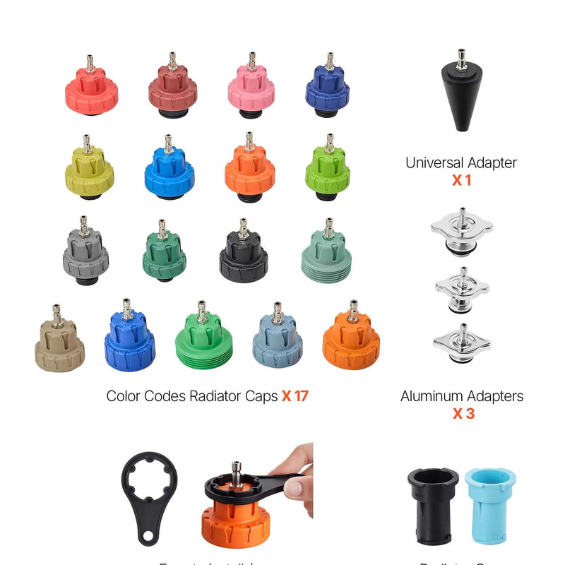 VEVOR dzesēšanas šķidruma spiediena testera komplekts, 47 daļu radiatora vakuuma uzpildes sistēma ar 3 metāla adapteriem, universāls automobiļu dzesēšanas sistēmu diagnostikas instruments ar spiediena sūkni un plastmasas uzpildes tvertni