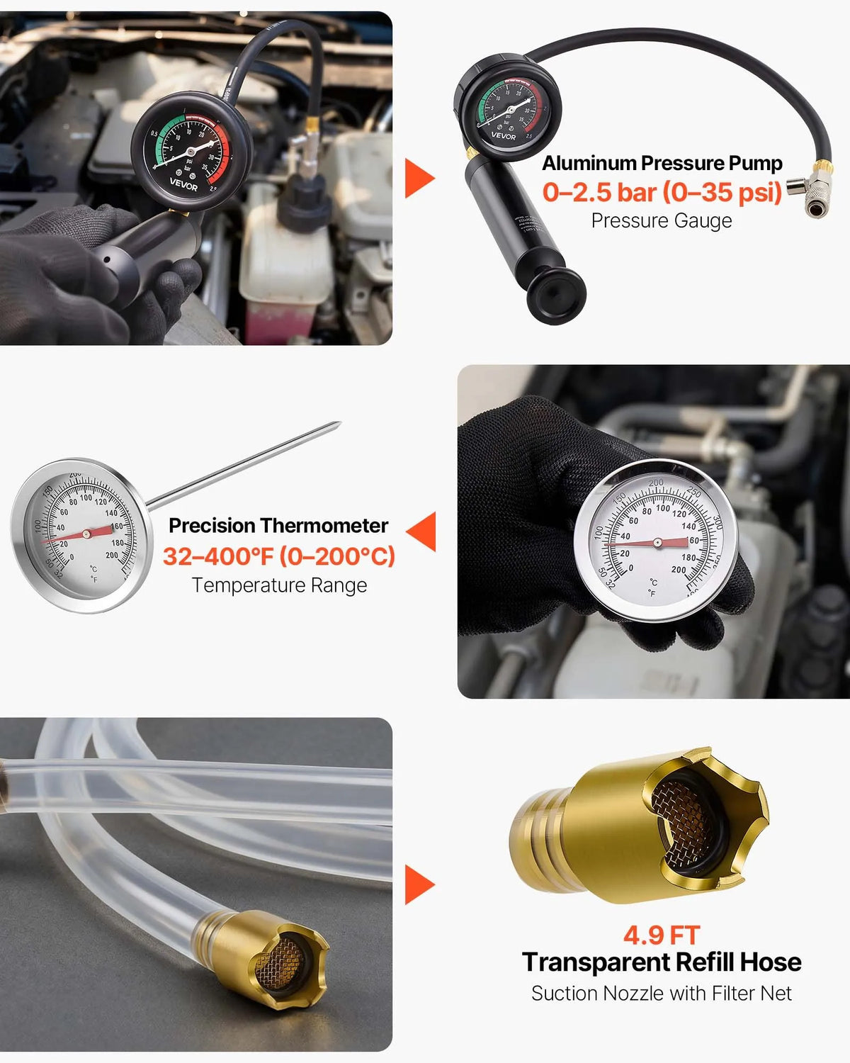 VEVOR Coolant Pressure Tester Kit, 47-Piece Radiator Vacuum Fill System with 3 Metal Adapters, Universal Automotive Cooling System Diagnostic Tool with Pressure Pump and Plastic Fill Tank