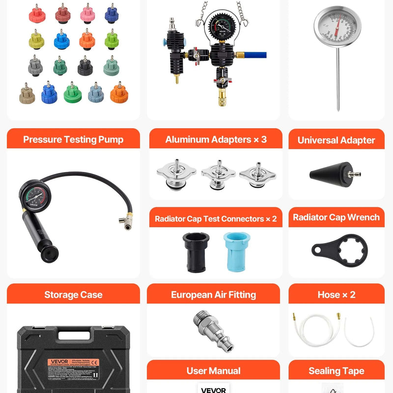 VEVOR dzesēšanas šķidruma spiediena testera komplekts, 47 daļu radiatora vakuuma uzpildes sistēma ar 3 metāla adapteriem, universāls automobiļu dzesēšanas sistēmu diagnostikas instruments ar spiediena sūkni un plastmasas uzpildes tvertni