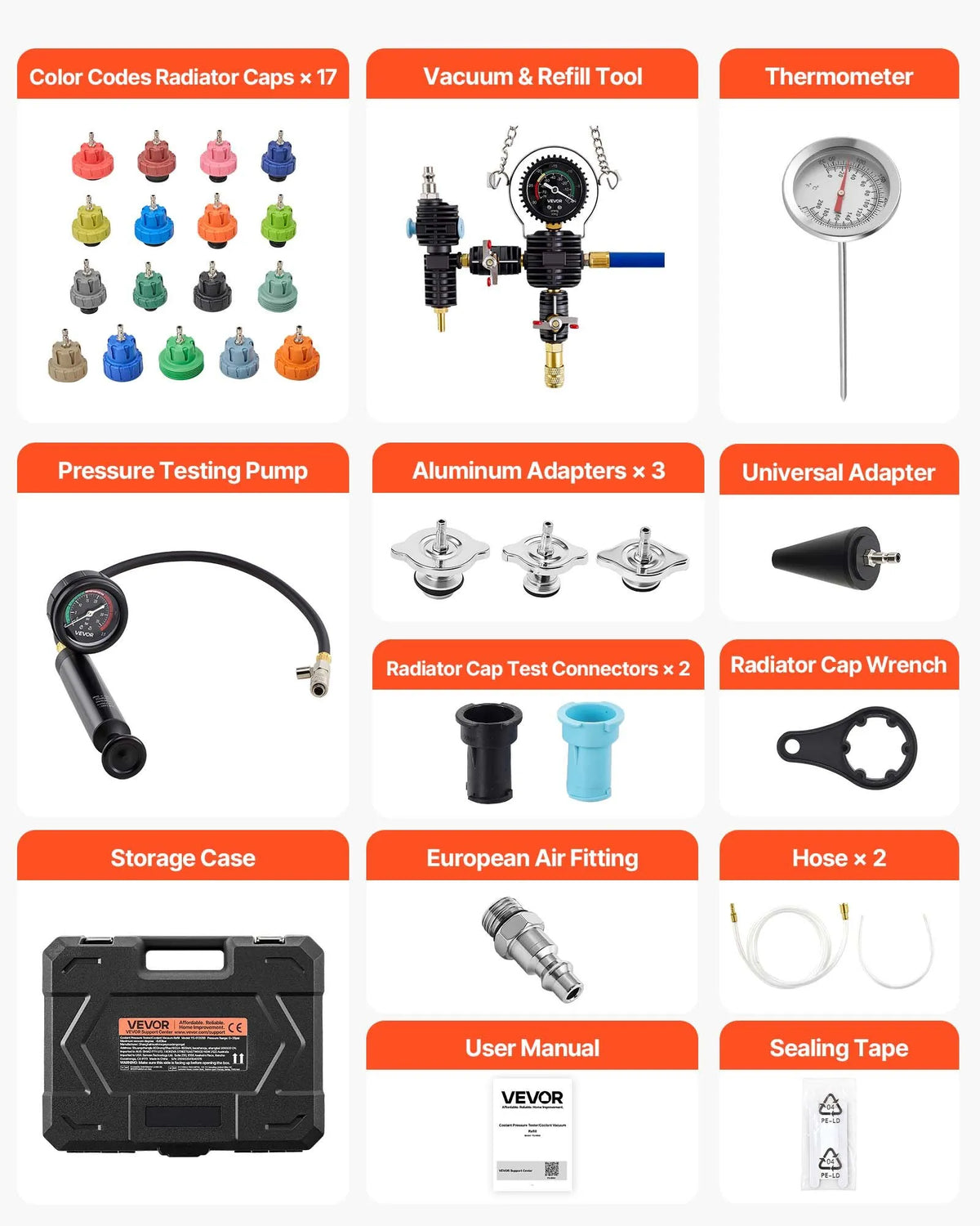 VEVOR Coolant Pressure Tester Kit, 47-Piece Radiator Vacuum Fill System with 3 Metal Adapters, Universal Automotive Cooling System Diagnostic Tool with Pressure Pump and Plastic Fill Tank