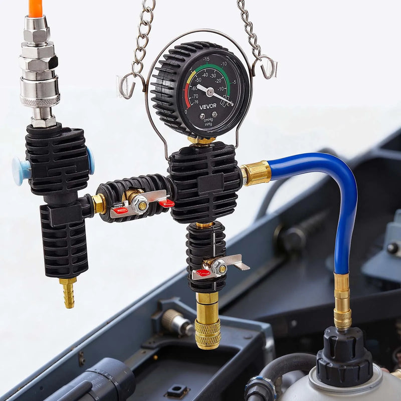 VEVOR dzesēšanas šķidruma spiediena testera komplekts, 47 daļu radiatora vakuuma uzpildes sistēma ar 3 metāla adapteriem, universāls automobiļu dzesēšanas sistēmu diagnostikas instruments ar spiediena sūkni un plastmasas uzpildes tvertni
