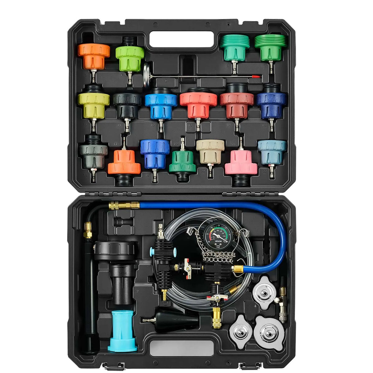 VEVOR Coolant Pressure Tester Kit, 47-Piece Radiator Vacuum Fill System with 3 Metal Adapters, Universal Automotive Cooling System Diagnostic Tool with Pressure Pump and Plastic Fill Tank