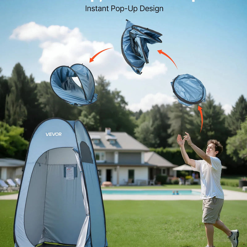 VEVOR automātiski uzstādāma dušas telts, pārnēsājama privātuma telts pārģērbšanai ar mietiņiem, stiprinājuma virvēm un pārnēsāšanas somu, 190T poliesters ar sudraba pārklājumu, ātra uzstādīšana, piemērota kempingam, pludmalei un makšķerēšanai, zila