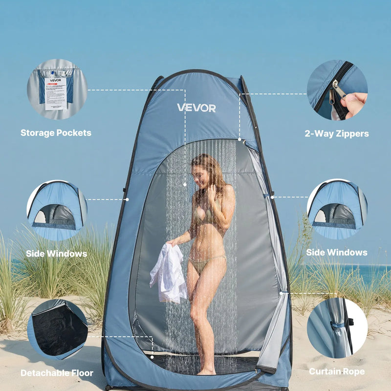 VEVOR automātiski uzstādāma dušas telts, pārnēsājama privātuma telts pārģērbšanai ar mietiņiem, stiprinājuma virvēm un pārnēsāšanas somu, 190T poliesters ar sudraba pārklājumu, ātra uzstādīšana, piemērota kempingam, pludmalei un makšķerēšanai, zila
