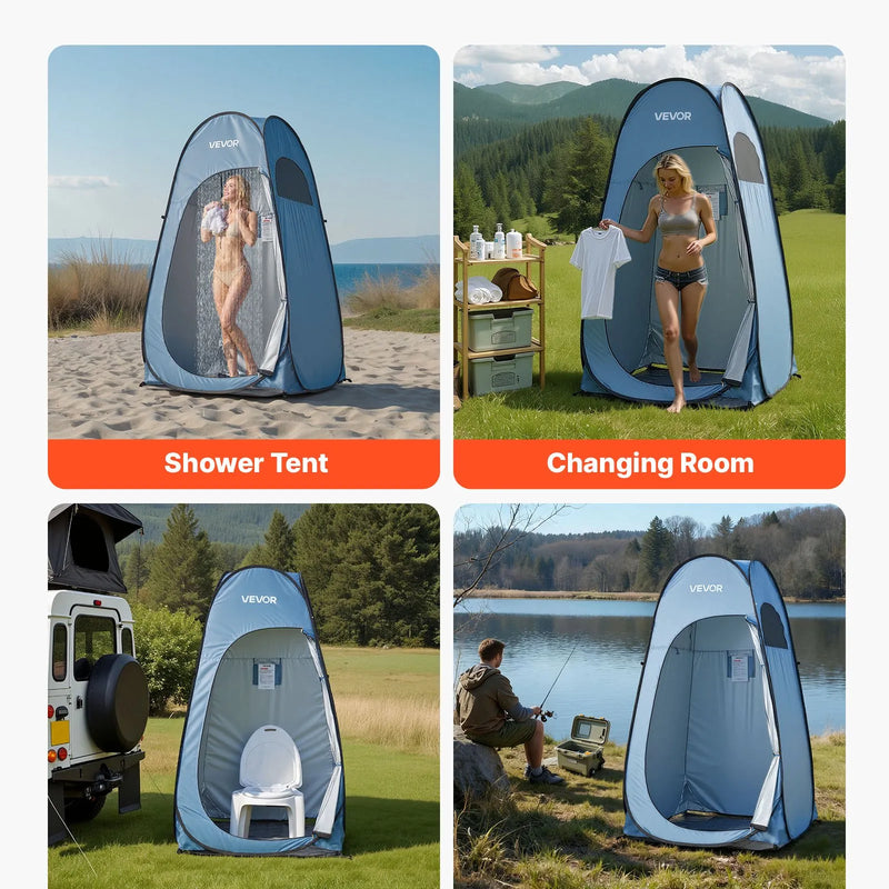 VEVOR automātiski uzstādāma dušas telts, pārnēsājama privātuma telts pārģērbšanai ar mietiņiem, stiprinājuma virvēm un pārnēsāšanas somu, 190T poliesters ar sudraba pārklājumu, ātra uzstādīšana, piemērota kempingam, pludmalei un makšķerēšanai, zila