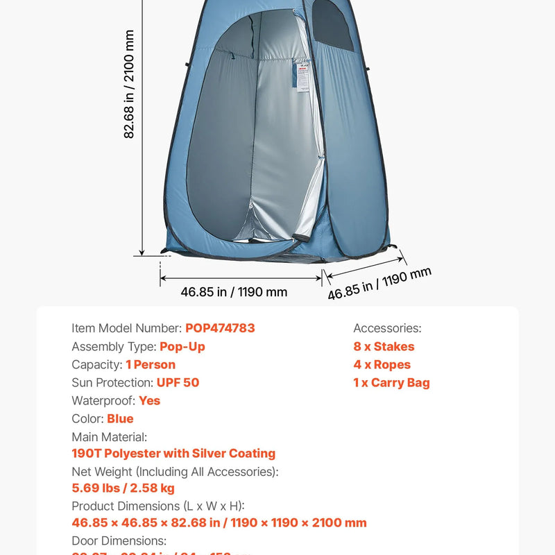 VEVOR automātiski uzstādāma dušas telts, pārnēsājama privātuma telts pārģērbšanai ar mietiņiem, stiprinājuma virvēm un pārnēsāšanas somu, 190T poliesters ar sudraba pārklājumu, ātra uzstādīšana, piemērota kempingam, pludmalei un makšķerēšanai, zila