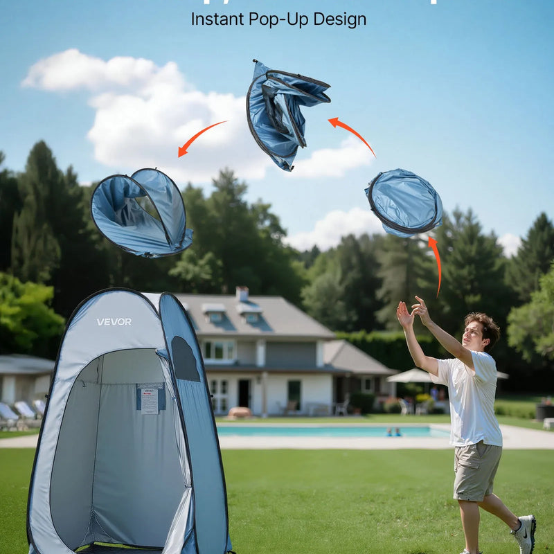 VEVOR automātiski uzstādāma dušas telts, pārnēsājama privātuma telts pārģērbšanai ar dušas maisu, mietiņiem, stiprinājuma virvēm un pārnēsāšanas somu, 190T poliesters ar sudraba pārklājumu, ātra uzstādīšana, piemērota kempingam, pludmalei un makšķerēšanai