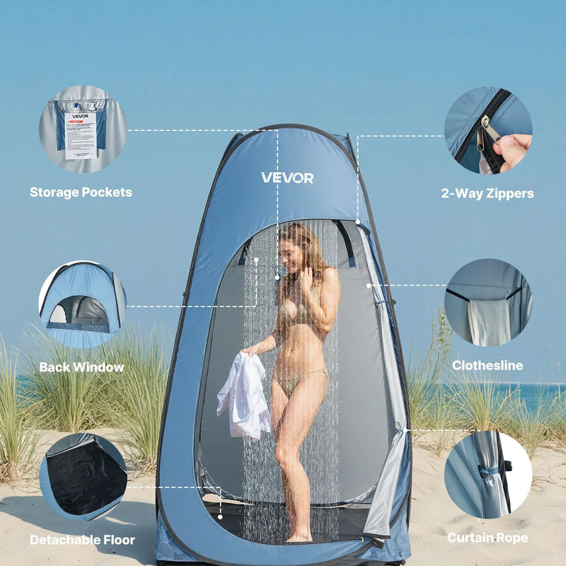 VEVOR automātiski uzstādāma dušas telts, pārnēsājama privātuma telts pārģērbšanai ar dušas maisu, mietiņiem, stiprinājuma virvēm un pārnēsāšanas somu, 190T poliesters ar sudraba pārklājumu, ātra uzstādīšana, piemērota kempingam, pludmalei un makšķerēšanai