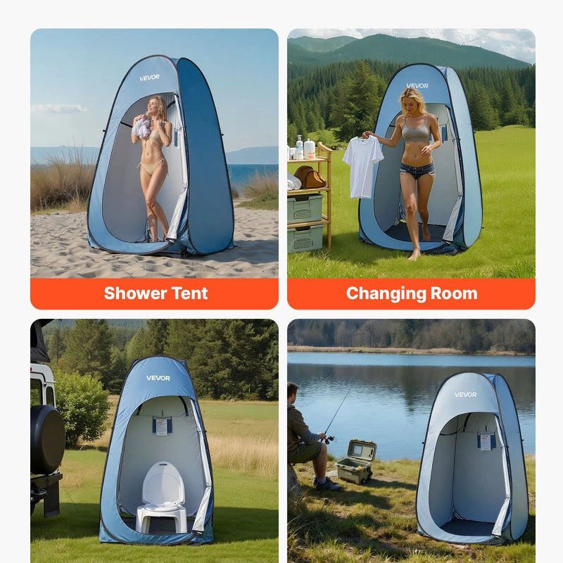VEVOR automātiski uzstādāma dušas telts, pārnēsājama privātuma telts pārģērbšanai ar dušas maisu, mietiņiem, stiprinājuma virvēm un pārnēsāšanas somu, 190T poliesters ar sudraba pārklājumu, ātra uzstādīšana, piemērota kempingam, pludmalei un makšķerēšanai