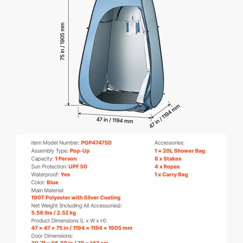 VEVOR automātiski uzstādāma dušas telts, pārnēsājama privātuma telts pārģērbšanai ar dušas maisu, mietiņiem, stiprinājuma virvēm un pārnēsāšanas somu, 190T poliesters ar sudraba pārklājumu, ātra uzstādīšana, piemērota kempingam, pludmalei un makšķerēšanai