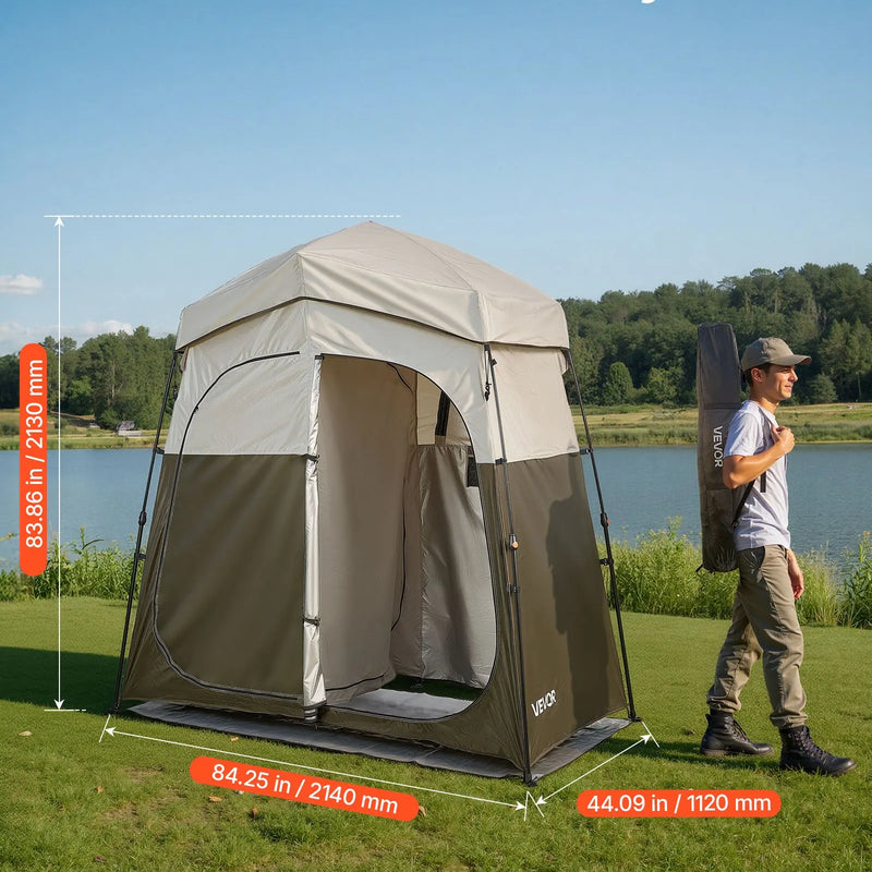 VEVOR kempinga dušas telts ar 2 nodalījumiem, salokāma pārnēsājama privātuma telts pārģērbšanai ar zemes mietiņiem, atsaites auklām un pārnēsāšanas somu, 150D Oxford audums ar sudraba pārklājumu, kempingam, pludmalei un makšķerēšanai
