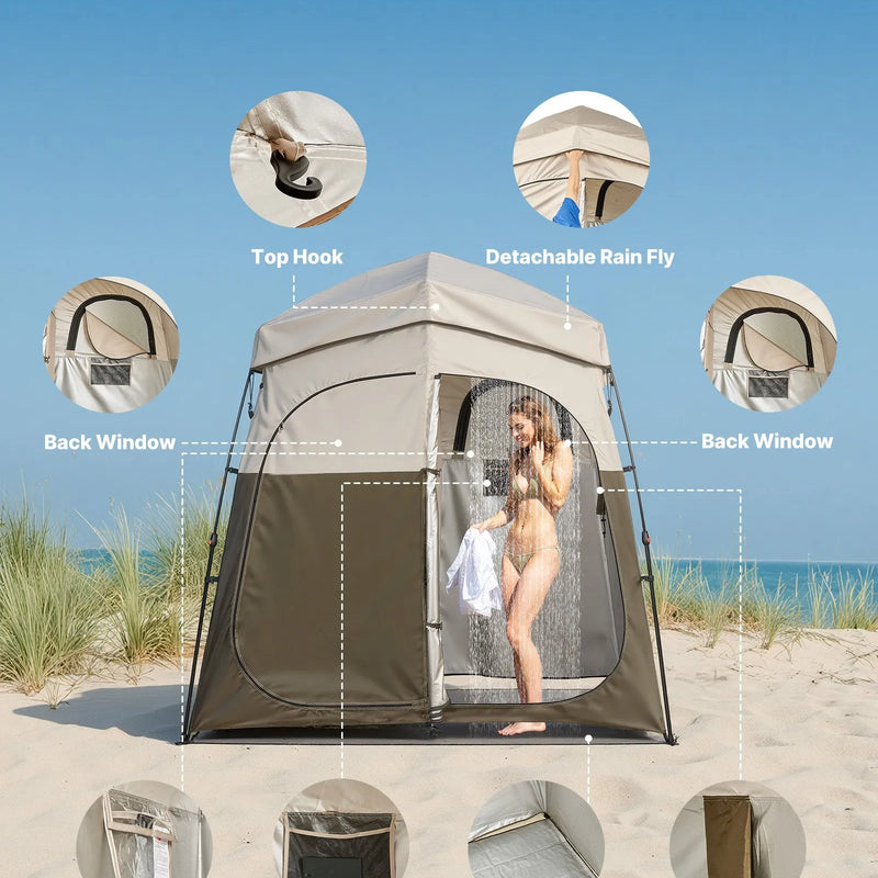 VEVOR kempinga dušas telts ar 2 nodalījumiem, salokāma pārnēsājama privātuma telts pārģērbšanai ar zemes mietiņiem, atsaites auklām un pārnēsāšanas somu, 150D Oxford audums ar sudraba pārklājumu, kempingam, pludmalei un makšķerēšanai