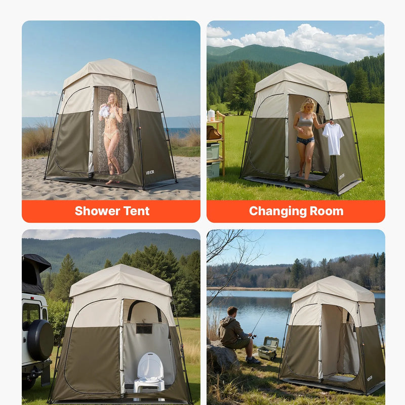 VEVOR kempinga dušas telts ar 2 nodalījumiem, salokāma pārnēsājama privātuma telts pārģērbšanai ar zemes mietiņiem, atsaites auklām un pārnēsāšanas somu, 150D Oxford audums ar sudraba pārklājumu, kempingam, pludmalei un makšķerēšanai