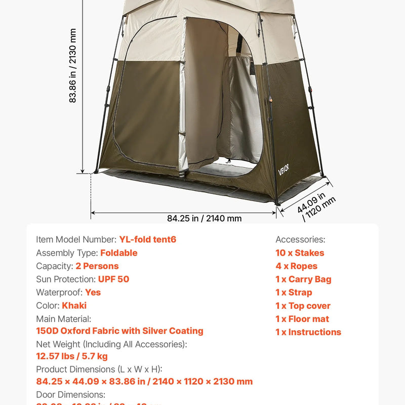 VEVOR kempinga dušas telts ar 2 nodalījumiem, salokāma pārnēsājama privātuma telts pārģērbšanai ar zemes mietiņiem, atsaites auklām un pārnēsāšanas somu, 150D Oxford audums ar sudraba pārklājumu, kempingam, pludmalei un makšķerēšanai