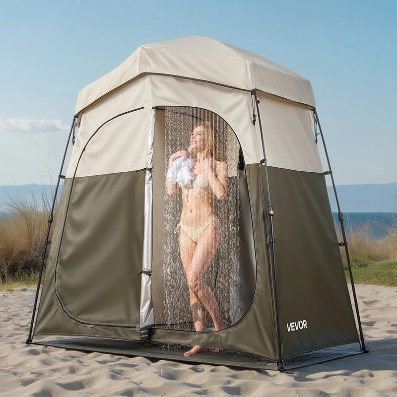 VEVOR kempinga dušas telts ar 2 nodalījumiem, salokāma pārnēsājama privātuma telts pārģērbšanai ar zemes mietiņiem, atsaites auklām un pārnēsāšanas somu, 150D Oxford audums ar sudraba pārklājumu, kempingam, pludmalei un makšķerēšanai