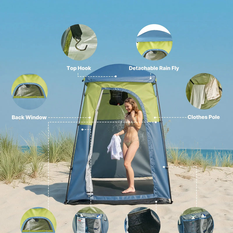 VEVOR kempinga dušas telts ar 1 nodalījumu, pārnēsājama privātuma telts pārģērbšanai ar dušas maisu, mietiņiem, stiprinājuma virvēm, pārnēsāšanas somu un atbalsta stieņiem, 150D Oksfordas audums ar sudraba pārklājumu, piemērota kempingam un makšķerēšanai