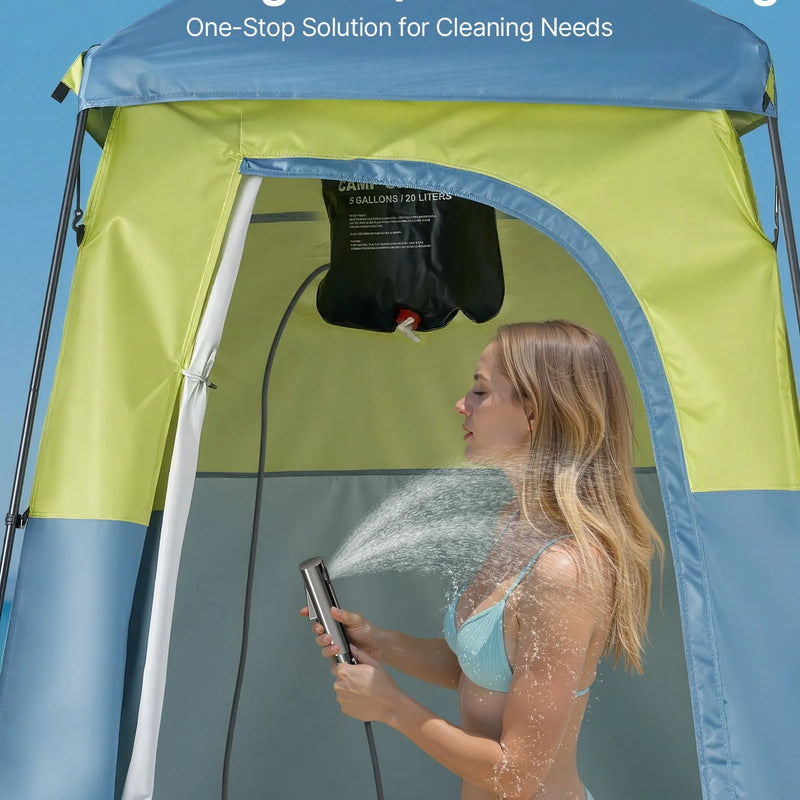 VEVOR kempinga dušas telts ar 1 nodalījumu, pārnēsājama privātuma telts pārģērbšanai ar dušas maisu, mietiņiem, stiprinājuma virvēm, pārnēsāšanas somu un atbalsta stieņiem, 150D Oksfordas audums ar sudraba pārklājumu, piemērota kempingam un makšķerēšanai