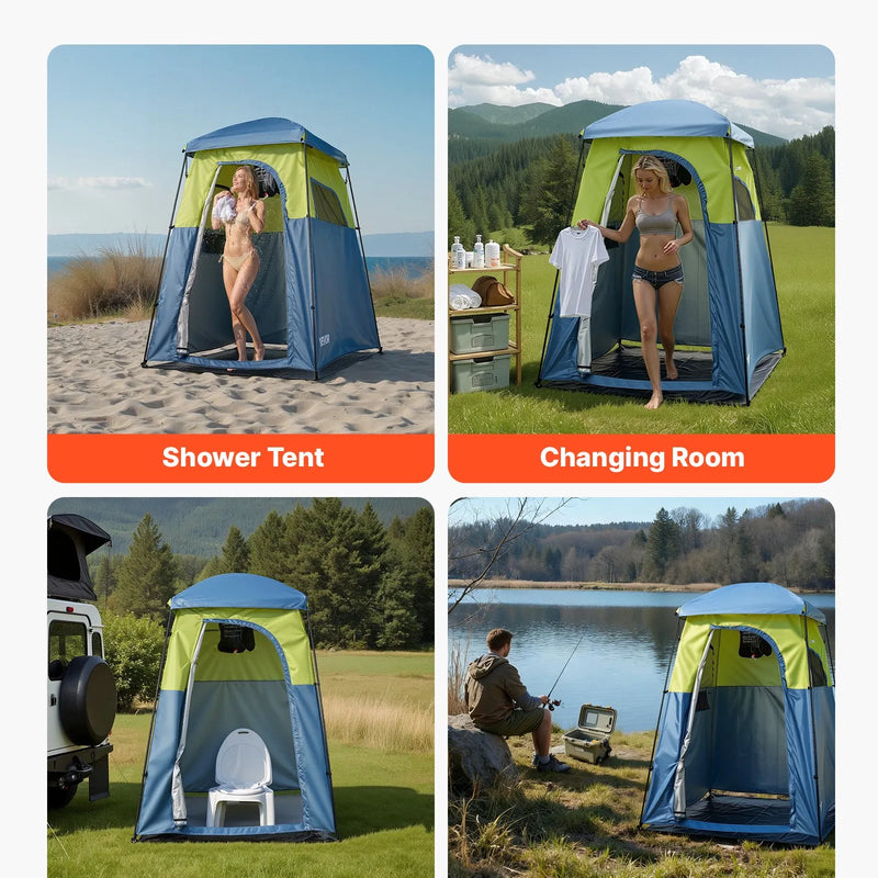 VEVOR kempinga dušas telts ar 1 nodalījumu, pārnēsājama privātuma telts pārģērbšanai ar dušas maisu, mietiņiem, stiprinājuma virvēm, pārnēsāšanas somu un atbalsta stieņiem, 150D Oksfordas audums ar sudraba pārklājumu, piemērota kempingam un makšķerēšanai