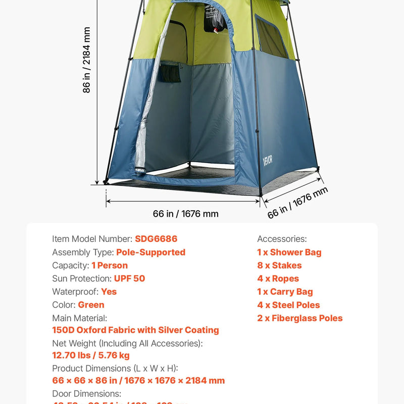 VEVOR kempinga dušas telts ar 1 nodalījumu, pārnēsājama privātuma telts pārģērbšanai ar dušas maisu, mietiņiem, stiprinājuma virvēm, pārnēsāšanas somu un atbalsta stieņiem, 150D Oksfordas audums ar sudraba pārklājumu, piemērota kempingam un makšķerēšanai