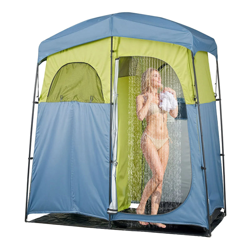 VEVOR kempinga dušas telts ar 2 nodalījumiem, pārnēsājama privātuma telts ar dušas maisu, mietiņiem, stiprinājuma virvēm, pārnēsāšanas somu un atbalsta stieņiem, 150D Oksfordas audums ar sudraba pārklājumu, piemērota kempingam un makšķerēšanai