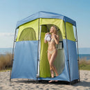 VEVOR kempinga dušas telts ar 2 nodalījumiem, pārnēsājama privātuma telts ar dušas maisu, mietiņiem, stiprinājuma virvēm, pārnēsāšanas somu un atbalsta stieņiem, 150D Oksfordas audums ar sudraba pārklājumu, piemērota kempingam un makšķerēšanai