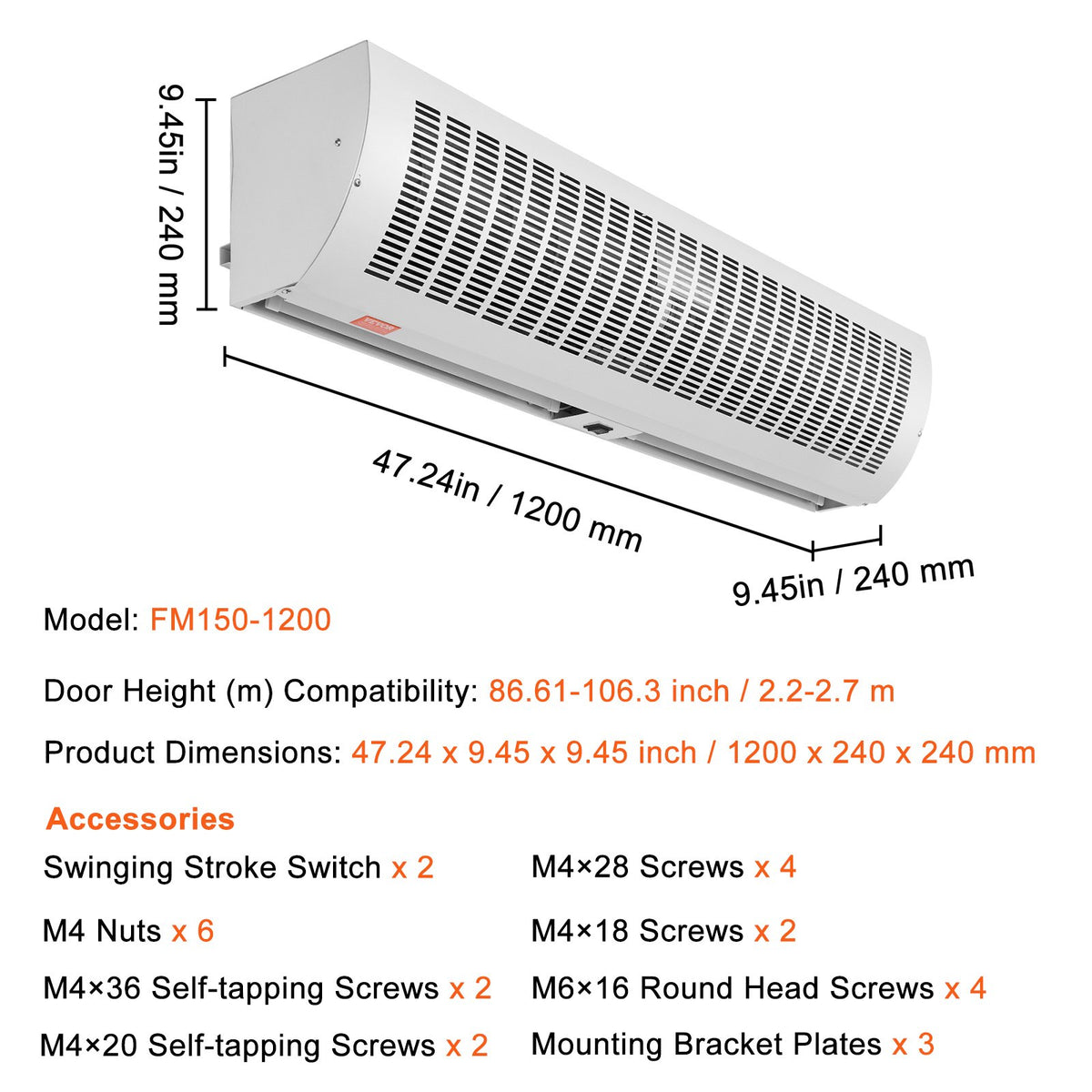 VEVOR 1.2m Komerciālais Iekštelpu Gaisa Aizkars - Super Jauda, 2 Ātrumi, 2802 m³/h, 1.2m iekštelpu gaisa aizka, Ar diviem ātruma režīmiem un maksimālo gaisa plūsmu 2802 m³/h
