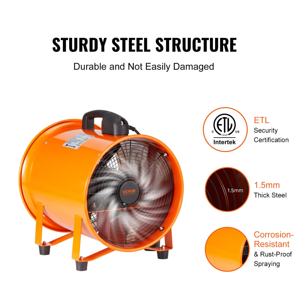 VEVOR Portable Fan: 254 mm Cylindrical Fan, 10 m Flexible Air Duct, 300W, 1720 CFM, Ideal for Industrial Use, Workshops, Homes and More, for Extracting Dust and Smoke, Heavy-Duty