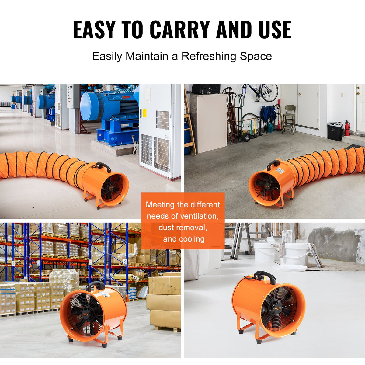 VEVOR Portable Fan: 254 mm Cylindrical Fan, 10 m Flexible Air Duct, 300W, 1720 CFM, Ideal for Industrial Use, Workshops, Homes and More, for Extracting Dust and Smoke, Heavy-Duty